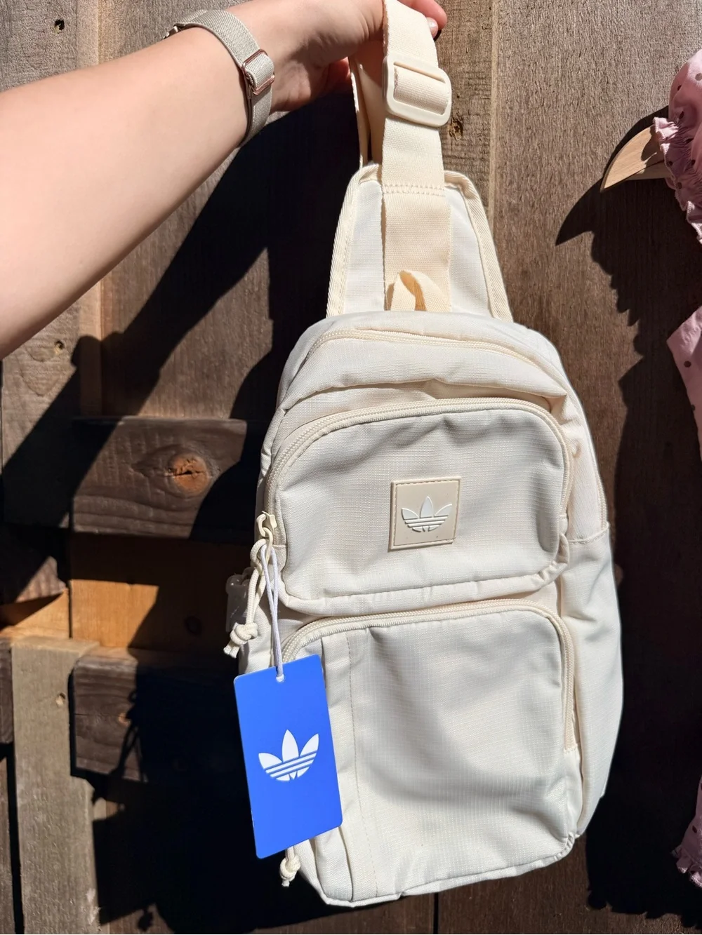 adidas Cream Mini Sling Backpack with Trefoil Patch